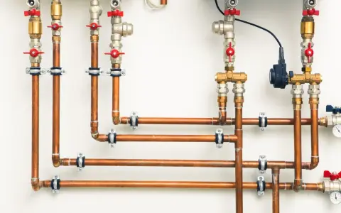 System hydrauliczny z miedzianymi rurami i zaworami. Różnica między złączkami PEX U czy TH jest kluczowa dla szczelności instalacji.