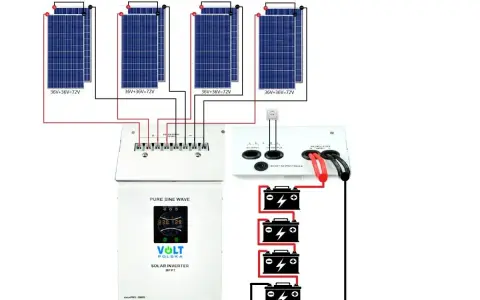Schemat instalacji PV: panele słoneczne, regulator ładowania, falownik i akumulatory.