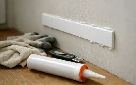 Narzędzia do montażu listwy przypodłogowej: rękawice, nóż, pistolet z masą uszczelniającą. Czekamy aż masa schnie, mamut by się nie powstydził cierpliwością.