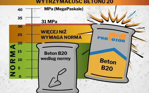 Wykres pokazuje wytrzymałość betonu B20. Beton B20 według normy ma 20 MPa, a ten z worka "PRO MOTOR" przekracza 31 MPa.