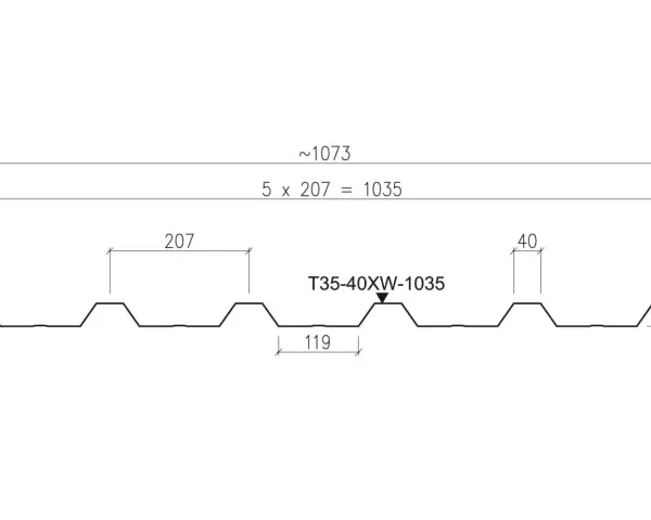 Profil blachy trapezowej T35-40XW-1035. Wymiary: 1073 mm całkowita szerokość, 1035 mm krycia, 207 mm rozstaw żeber, 40 mm wysokość profilu, 34 mm wysokość fali.