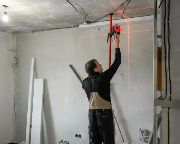 Budowlaniec ustawia laser, który wyznacza idealny pion murarski. Czerwone linie lasera przecinają pomieszczenie, pomagając w precyzyjnym montażu.