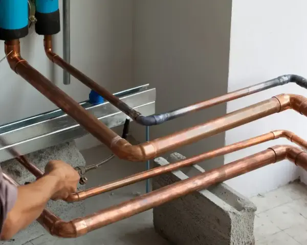 Instalator wykonuje lutowanie twarde miedzianych rur. Widać palnik i drut spawalniczy.
