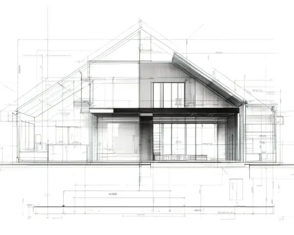 Szkic architektoniczny nowoczesnego domu z widokiem przekroju, wymiarami i detalami. Idealny do planowania kredytu na dom.