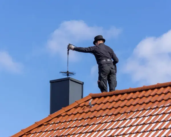 Kominiarz w cylindrze wykonuje przegląd kominiarski, czyszcząc komin na dachu pokrytym dachówką.