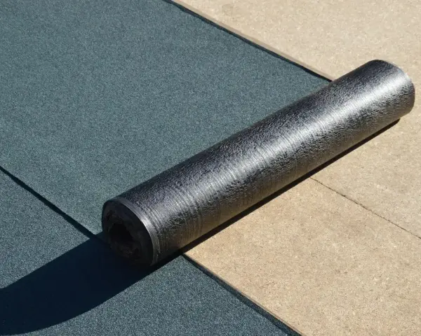 Rolka papy z połyskującą folią aluminiową leży na ciemnozielonej powierzchni.