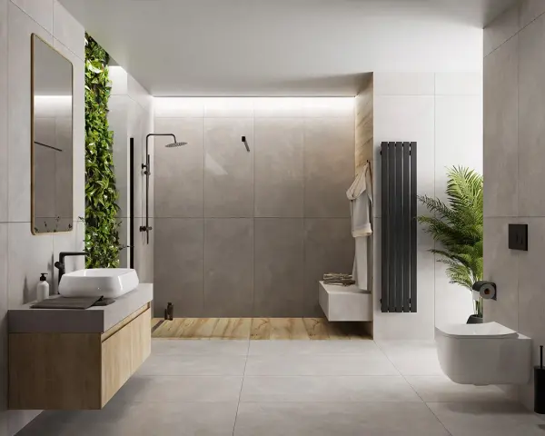 Nowoczesna łazienka z zieloną ścianą i betonem architektonicznym. Mikrocement na płytki nadaje jej surowego, ale eleganckiego charakteru.