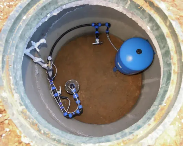 Wykończenie studni głębinowej: niebieski zbiornik hydroforowy i instalacja rurowa z manometrem.