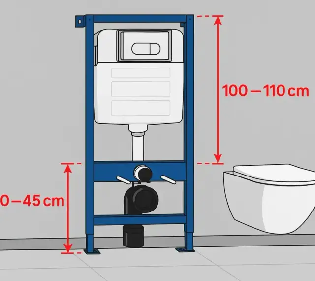 Schemat instalacji podtynkowej. Wymiary geberitu: wysokość 100-110 cm, odległość od podłogi 40-45 cm. Obok widoczna miska WC.