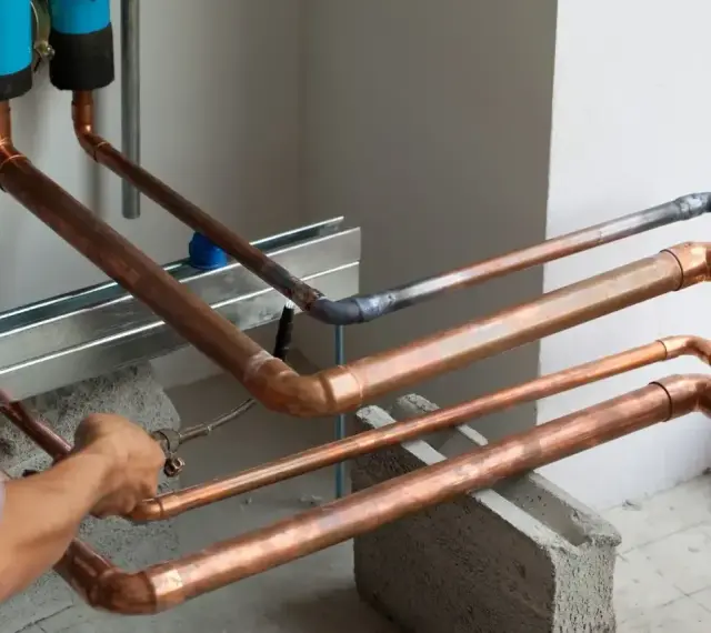 Instalator wykonuje lutowanie twarde miedzianych rur. Widać palnik i drut spawalniczy.