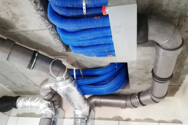Instalacja rekuperacji w starym domu: niebieskie przewody wentylacyjne i szare rury izolowane, zamontowane pod sufitem.