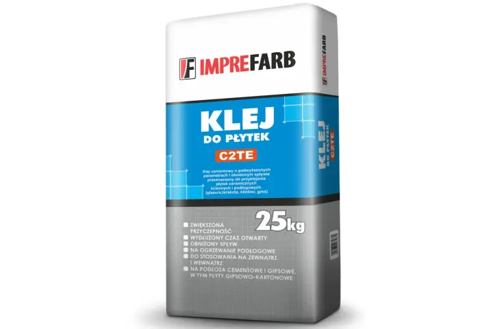 Imprefarb Klej do płytek C2TE 25kg – idealny do płytek ceramicznych, na ogrzewanie podłogowe, wewnątrz i na zewnątrz.