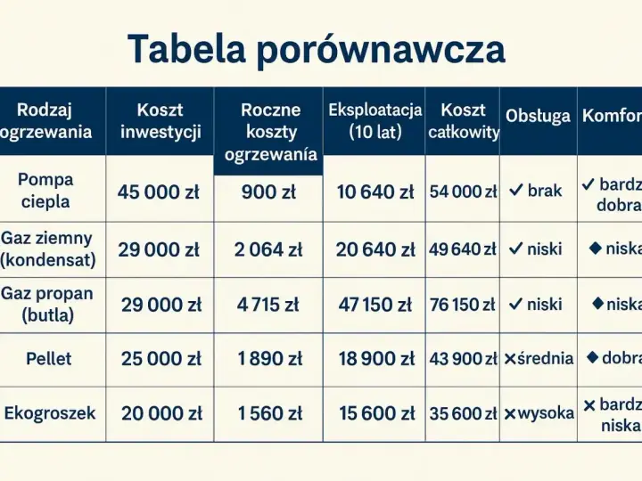 Tabela porównuje koszty ogrzewania. Pompa ciepła ma wysoki koszt inwestycji, ale niskie roczne koszty i eksploatacji, co wpływa na całkowity koszt.