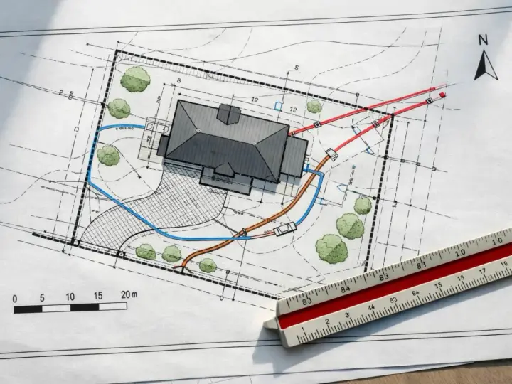 Plan zagospodarowania terenu z domem, drzewami i zaznaczonymi instalacjami. Widoczna linijka geodezyjna i skala.