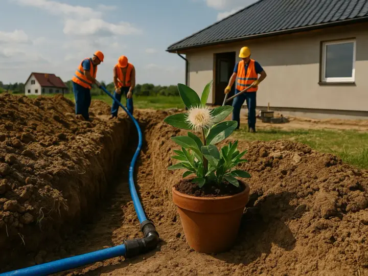 Pracownicy w kamizelkach wykonują przyłącze wody, układając niebieską rurę w wykopie. W doniczce obok rośnie kwiat.