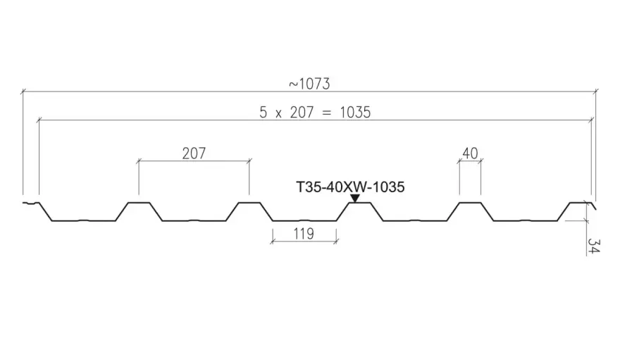 Profil blachy trapezowej T35-40XW-1035. Wymiary: 1073 mm całkowita szerokość, 1035 mm krycia, 207 mm rozstaw żeber, 40 mm wysokość profilu, 34 mm wysokość fali.