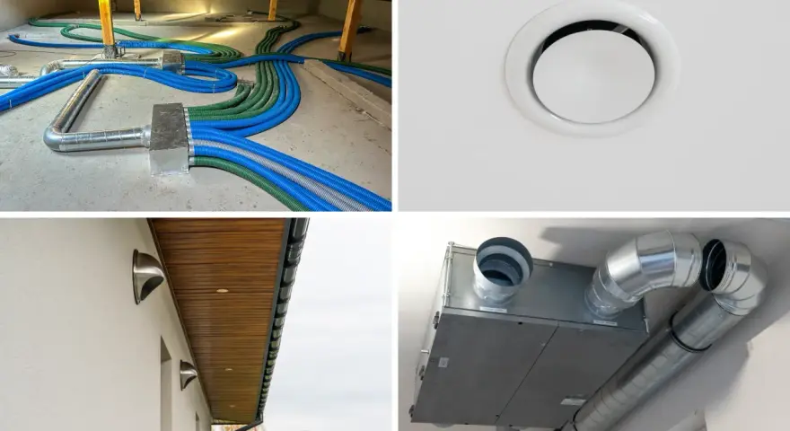 System wentylacji mechanicznej z rekuperatorem. Widać czerpnię i wyrzutnię powietrza na ścianie budynku, a także rozbudowaną sieć kanałów w poddaszu.