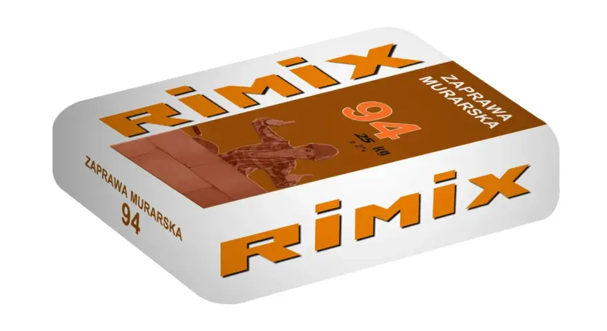 Opakowanie zaprawy murarskiej Rimix 94, 25 kg, z wizerunkiem murarza.