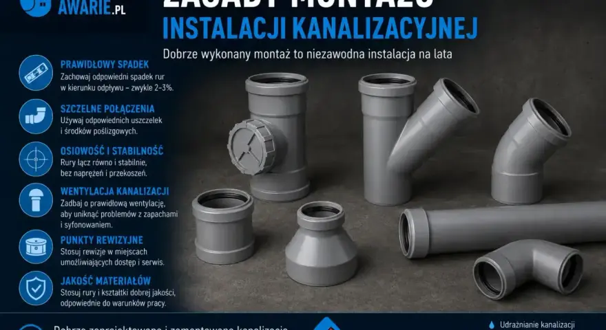 Zasady montażu kanalizacji: prawidłowy spadek rur (min. 2-3% dla rury 160), szczelne połączenia, wentylacja, punkty rewizyjne.