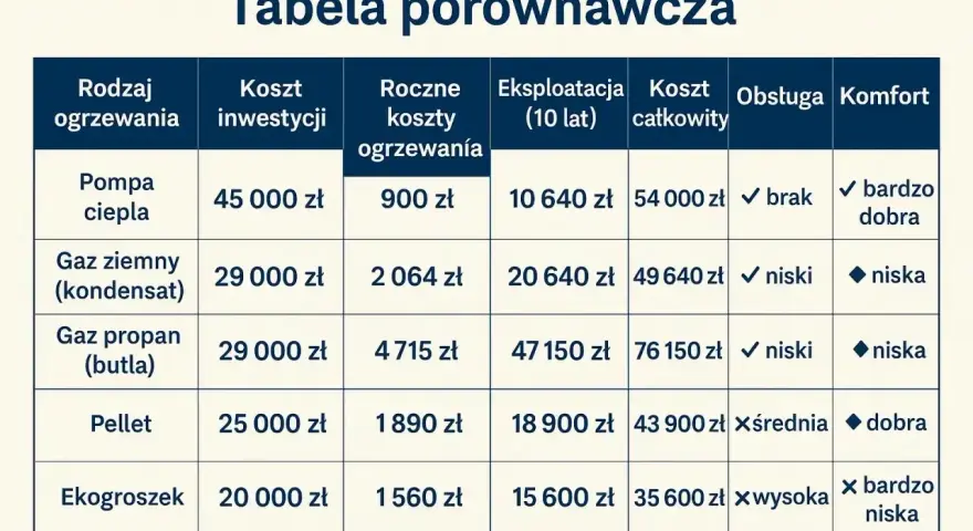 Tabela porównuje koszty ogrzewania. Pompa ciepła ma wysoki koszt inwestycji, ale niskie roczne koszty i eksploatacji, co wpływa na całkowity koszt.