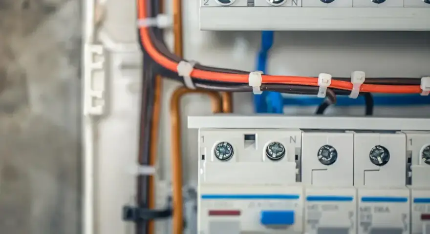 Szczegółowy widok instalacji elektrycznej w domu: przewody w kolorach czarnym i pomarańczowym, zabezpieczone opaskami, prowadzą do białej skrzynki z bezpiecznikami.