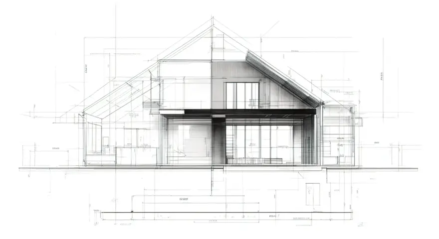 Szkic architektoniczny nowoczesnego domu z widokiem przekroju, wymiarami i detalami. Idealny do planowania kredytu na dom.