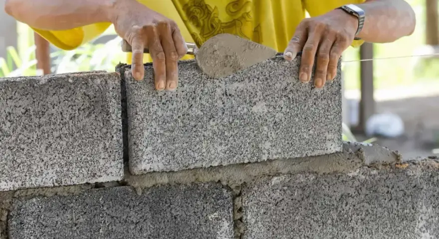 Budowniczy układa bloczki betonowe, tworząc ścianę. Widać, ile bloczków betonowych na m2 potrzeba do budowy.