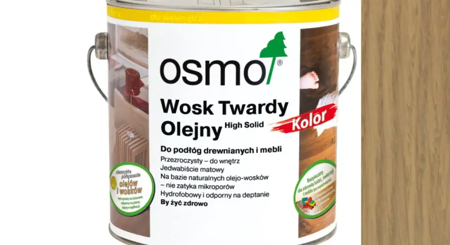 Puszka z produktem Osmo Wosk Twardy Olejny, który jest naturalnym olejowoskiem do podłóg i mebli.