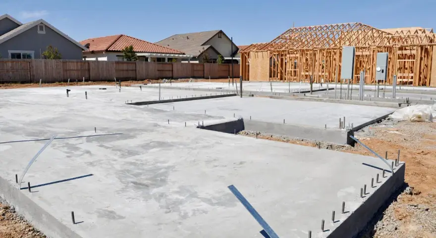 Fundament domu z chudego betonu, z widocznymi zbrojeniami i instalacjami. W tle powstaje drewniana konstrukcja domu.