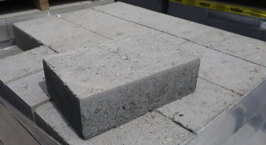 Stos szarych bloczków betonowych, każdy z widocznymi nierównościami i kruszywem. Wymiary bloczków betonowych są standardowe dla budowy.