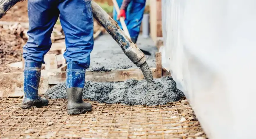 Pracownicy wylewają beton na zbrojenie. Sprawdzamy, jaka jest suchy beton cena 1m3, by zaplanować budowę.