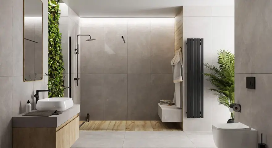 Nowoczesna łazienka z zieloną ścianą i betonem architektonicznym. Mikrocement na płytki nadaje jej surowego, ale eleganckiego charakteru.
