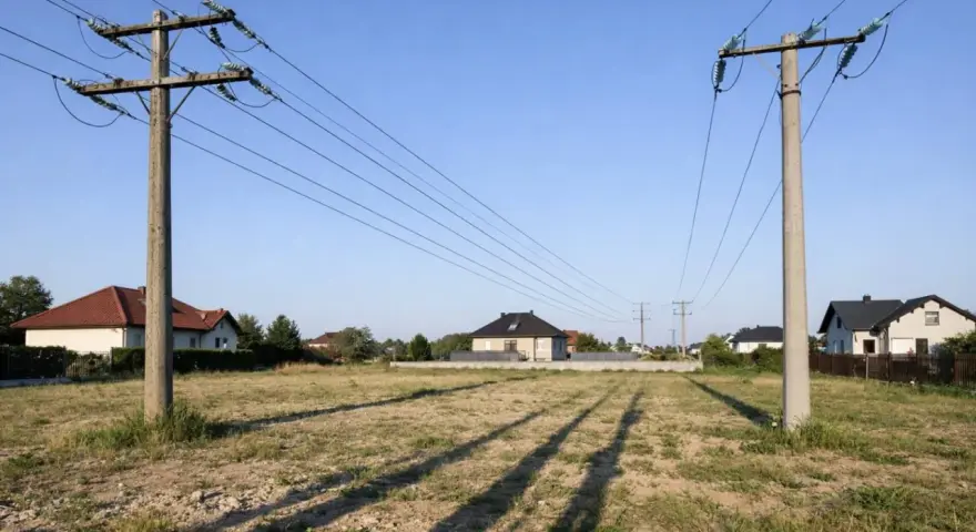 Słup energetyczny na działce, z przewodami biegnącymi nad polami i domami.