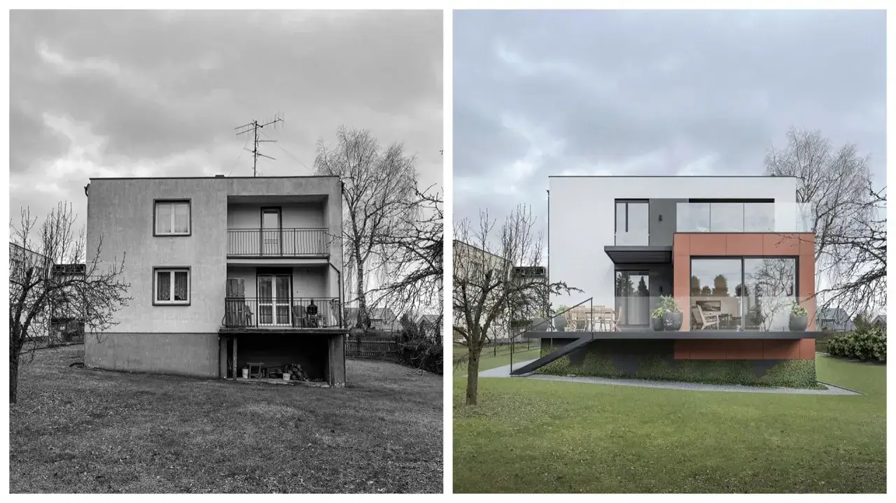 Przed i po: modernistyczna metamorfoza elewacji domu z lat 70-tych. Nowoczesna bryła z przeszklonymi tarasami i ceglanymi akcentami.