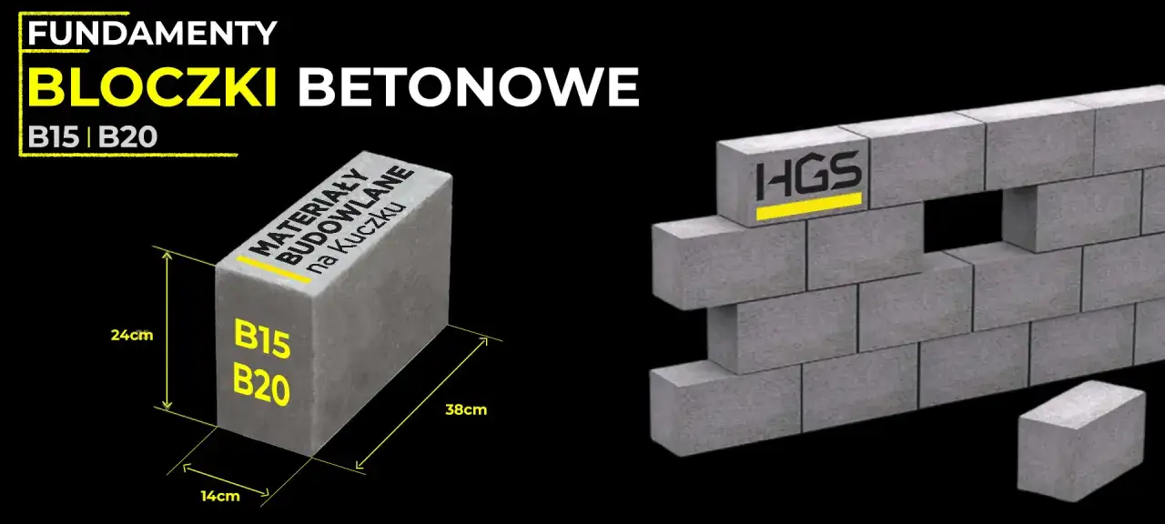 Bloczki betonowe HGS do fundamentów. Wymiary: 38x24x14 cm. Klasa B15, B20.