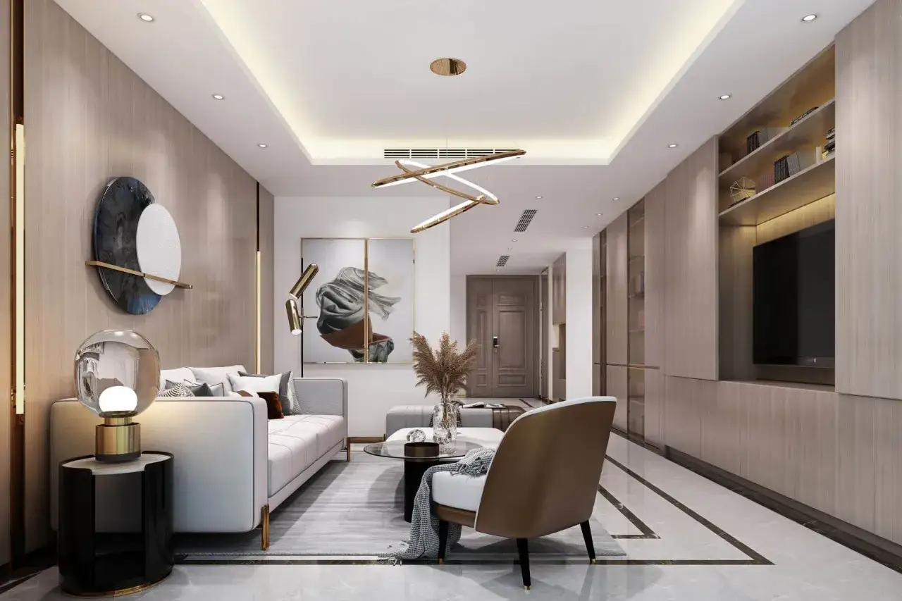 Nowoczesny salon z designerskim oświetleniem pod sufitem, złotym żyrandolem i sztuką.