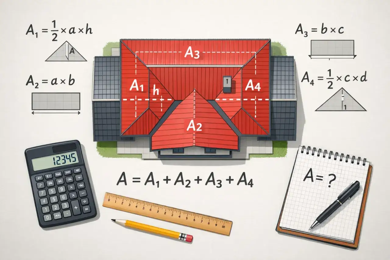 Ilustracja pokazuje, jak obliczyć powierzchnię dachu, dzieląc go na prostokąty i trójkąty. Obok domu znajdują się wzory matematyczne, kalkulator i przybory kreślarskie.