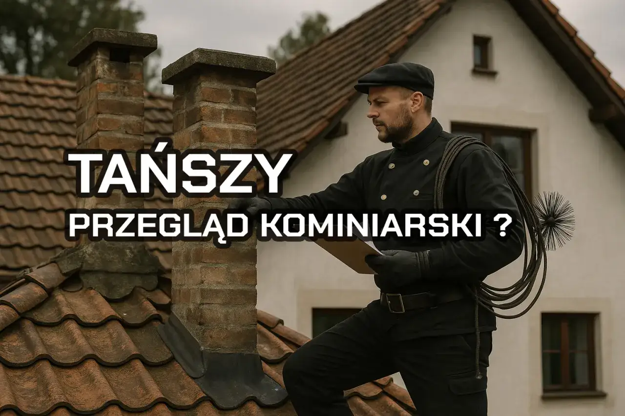 Kominiarz w tradycyjnym stroju na dachu, z liną i szczotką, wykonuje przegląd kominiarski.