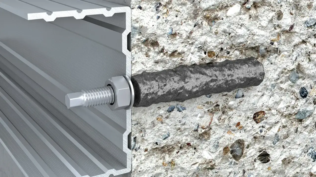 Przekrój pokazuje, jak kotwy chemiczne mocują profil aluminiowy do betonu. Solidne mocowanie dla wymagających zastosowań.