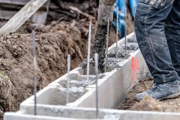 Betoniarka wylewa beton do szalunku. Pracownik w czarnych spodniach nadzoruje proces, który jest kluczowy, by wiedzieć, jak obliczyć kubik betonu.