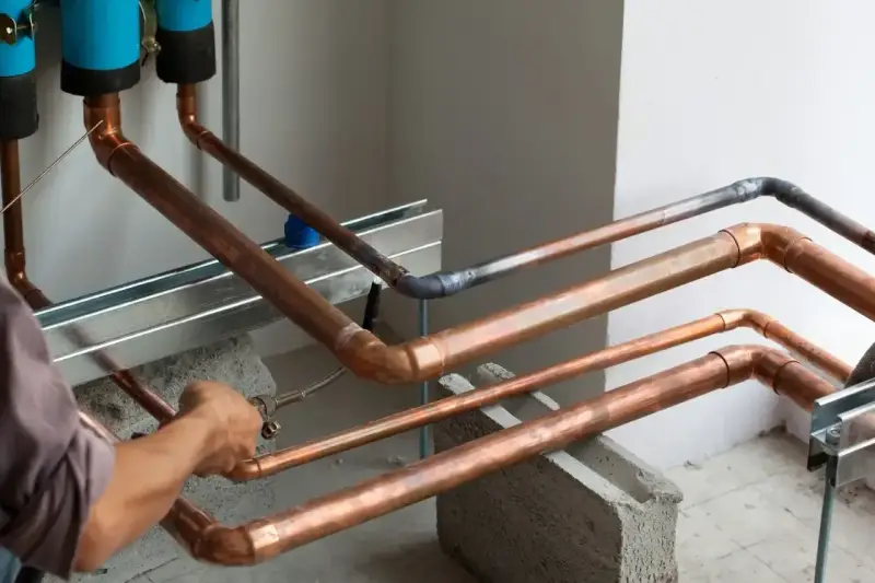 Instalator wykonuje lutowanie twarde miedzianych rur. Widać palnik i drut spawalniczy.