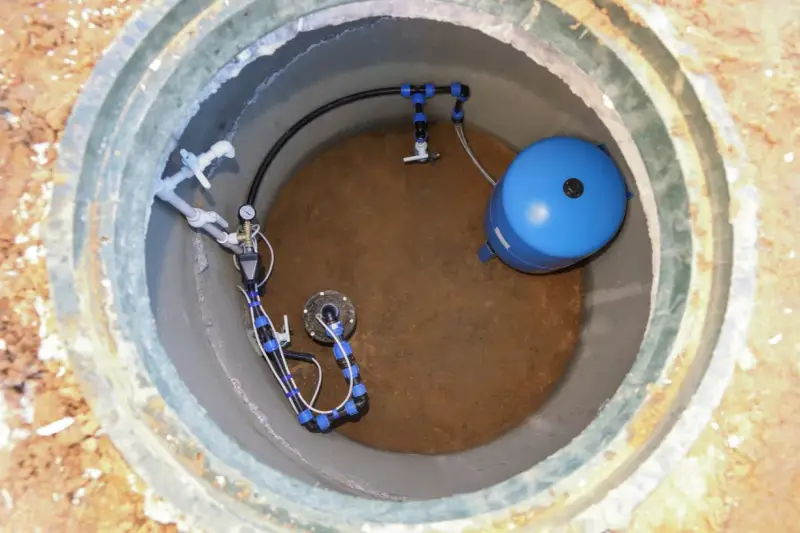 Wykończenie studni głębinowej: niebieski zbiornik hydroforowy i instalacja rurowa z manometrem.